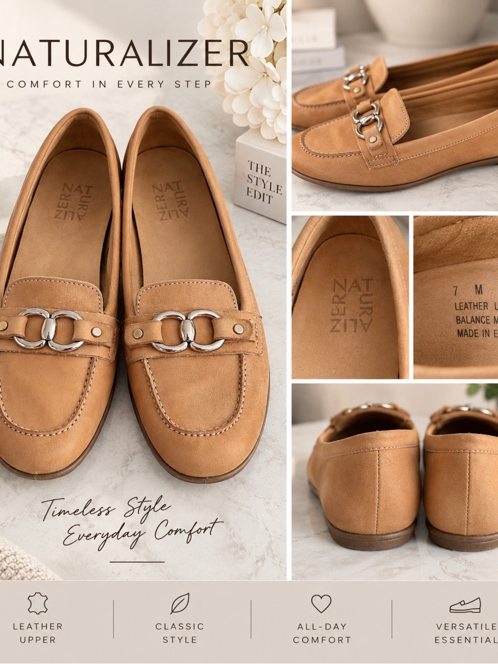 Naturalizer Tan Suede Loafers with Silver Buckle Accent